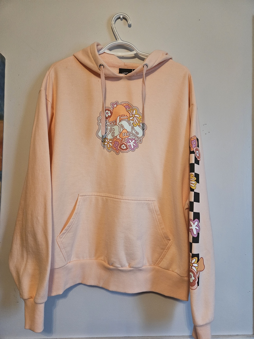 Vans Peach Graphic Hoodie with Floral & Checker Sleeve